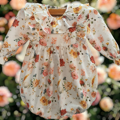 Macacão de bebé floral branco com gola rodada folhada e mangas compridas