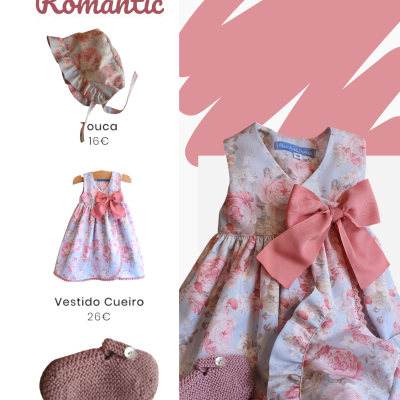Conjunto infantil 'Conjunto Romantic' com touca, vestido floral e carapins de malha rosa.