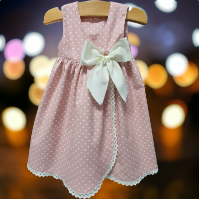 Vestido rosa de bebé com bolinhas brancas e laço branco pendurado num cabide