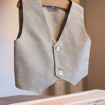 Colete bege claro de tecido rústico com dois botões brancos em cabide de madeira