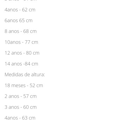 lista de medidas de peito e altura para várias idades em ecrã de telemóvel