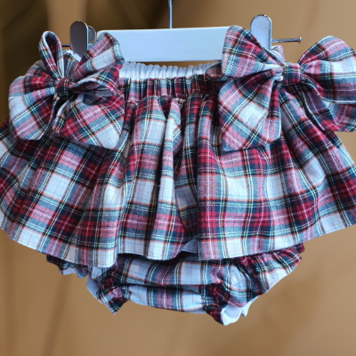 Conjunto de saia e cueca xadrez para bebé com laços grandes