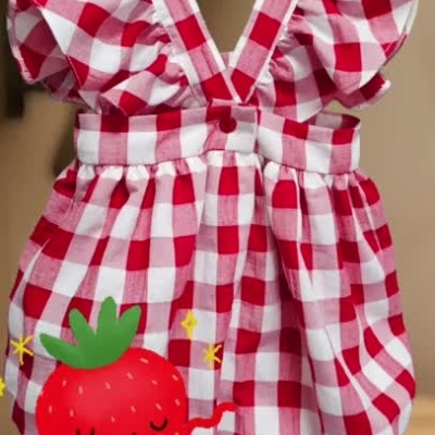 Vestido de criança vermelho e branco em xadrez com ilustração de morango animado