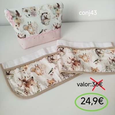 Conjunto de bolsa e acessórios em tecido com padrão de animais da floresta em tons pastéis