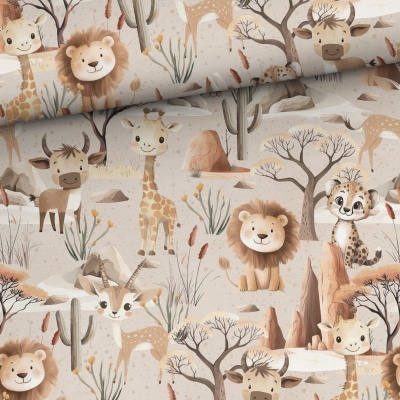 Tecido bege com ilustrações de animais da savana em estilo infantil