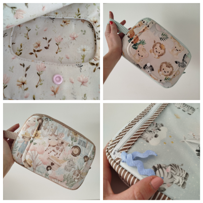 Pequenos organizadores com padrões infantis variados, incluindo flores e animais da selva.