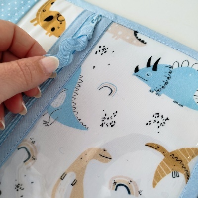 Capa transparente com desenhos de dinossauros e bordas azuis