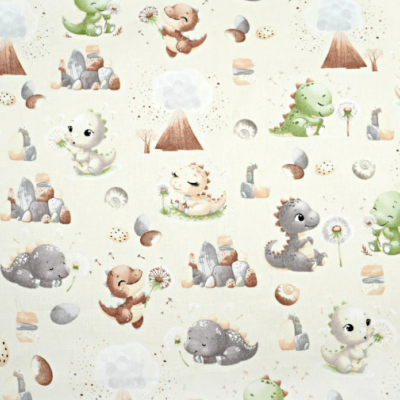 Tecido infantil com padrão de dinossauros e elementos naturais em tons pastel.