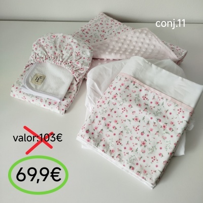 Conjunto de roupa e acessórios florais para bebé com etiqueta e preço