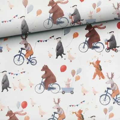 tecido padrão infantil com animais aquarela em bicicletas e balões