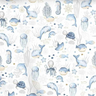 Papel de parede com padrão de animais marinhos em tons suaves