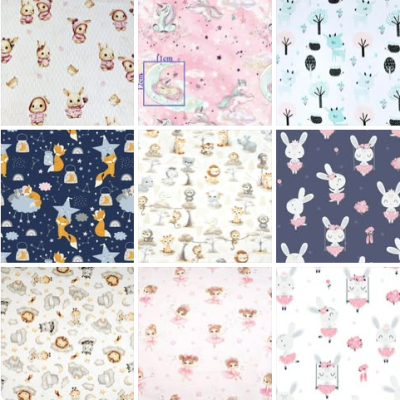 Nove padrões têxteis infantis com desenhos de animais e personagens coloridos