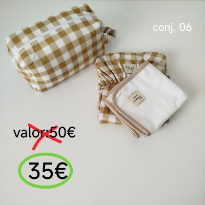 Conjunto tecido xadrez bege e branco com bolsa e artigo branco com borda bege, etiqueta Mamã pinto, preço 35€