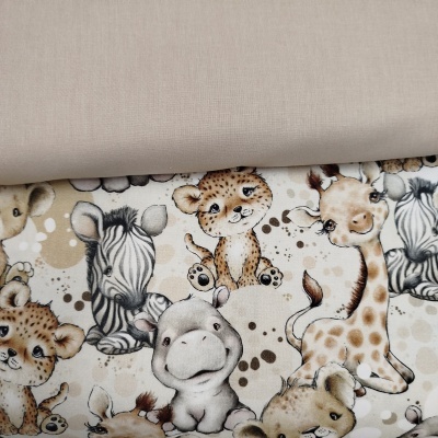 Tecido com padrão infantil de animais e tecido liso bege claro