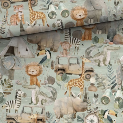 Papel de parede infantil com padrão de animais de safari em tons pastel com elementos de aventura.