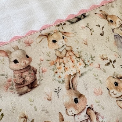 toalha branca com bordado rosa e tecido bege com estampado de coelhos vestindo roupas florais
