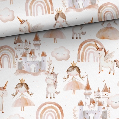 Padrão de tecido infantil com princesas, unicórnios, castelos, arcos-íris e nuvens em tons castanhos e bege