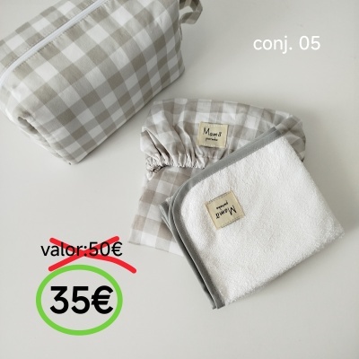 Conjunto de têxteis para bebé xadrez bege e branco com preço marcado