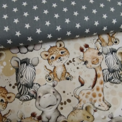 Tecido estampado com animais bebés e tecido cinza com estrelas brancas