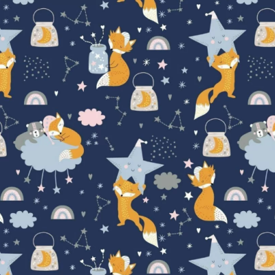 Padrão infantil com raposas, ovelhas e estrelas num fundo azul escuro