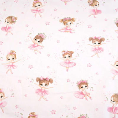 Tecido rosa claro com padrão de raparigas bailarina em vestidos cor-de-rosa e pequenas estrelas