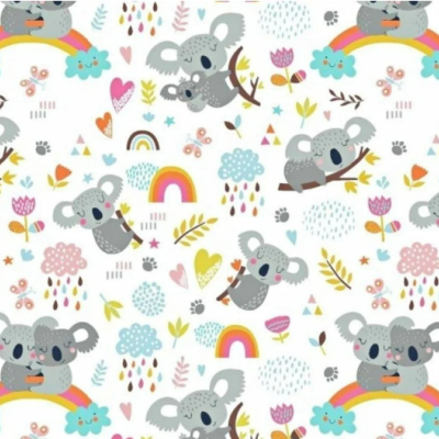 Papel de parede infantil com padrão de coalas, arco-íris e flores coloridas