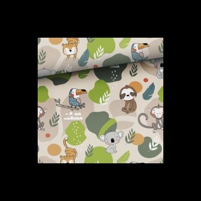 Tecido com padrão infantil de animais e folhas em cores suaves