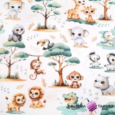 Estampa de tecido com animais de savana e árvores em fundo branco