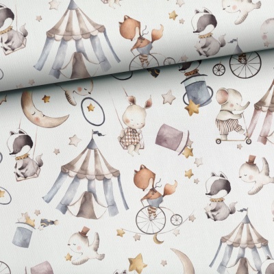 Papel de parede infantil com padrão de animais e elementos de circo em tons pastel