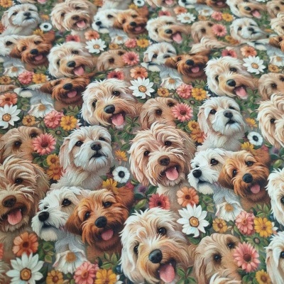 Tecido com padrão de cães sorridentes e flores coloridas.