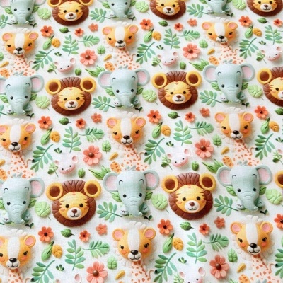 Estampa de tecido com animais cartoon e flores coloridas