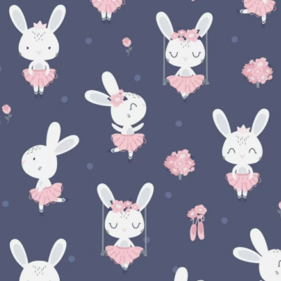 Padrão com coelhinhos brancos em saias cor-de-rosa e flores sobre fundo azul escuro