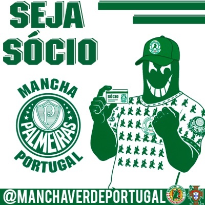 Design gráfico verde e branco com texto e personagem a mostrar cartão de sócio Mancha Palmeiras Portugal