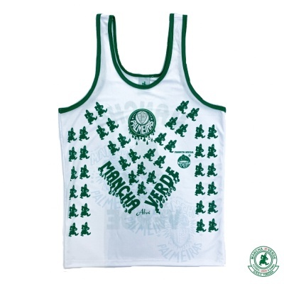 Regata branca com detalhes verdes e estampas do Palmeiras