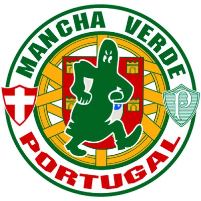 Logótipo circular verde, vermelho e amarelo com figura verde e texto Mancha Verde Portugal
