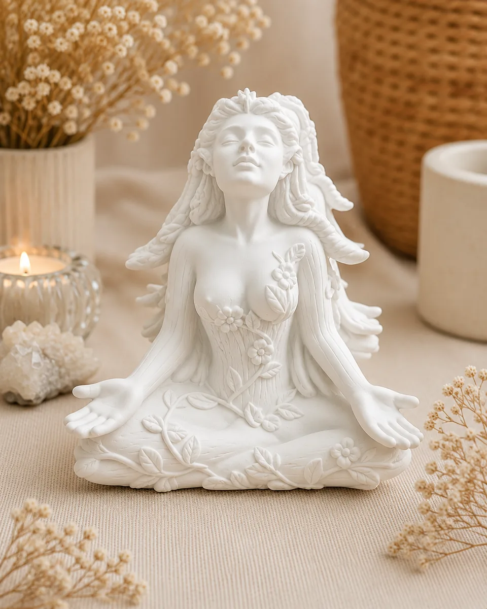 Estátua branca decorativa de figura feminina sentada com detalhes florais