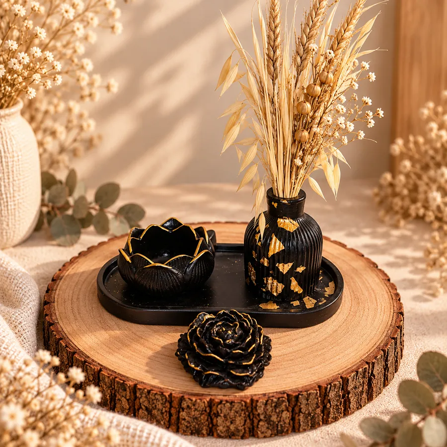 Conjunto decorativo com vaso, tigela, bandeja preta e base de madeira com flores secas