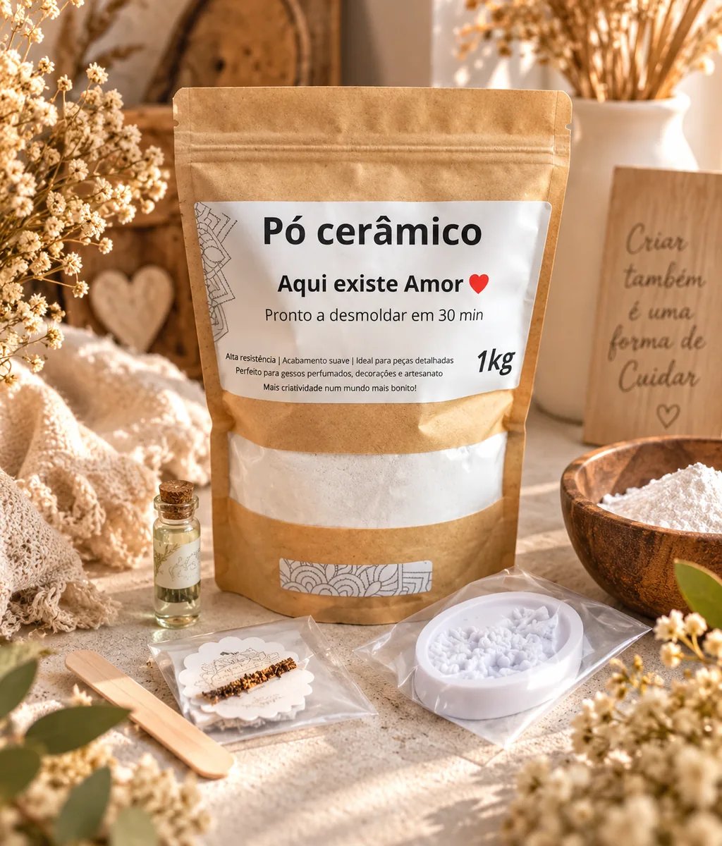 Pacote de pó cerâmico em saco kraft com etiqueta branca rodeado por moldes, frascos e flores secas