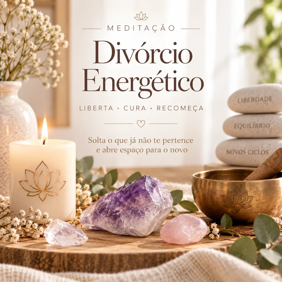 Conjunto de meditação com vela, cristais, tigela tibetana, pedras com palavras e flores sobre superfície de madeira