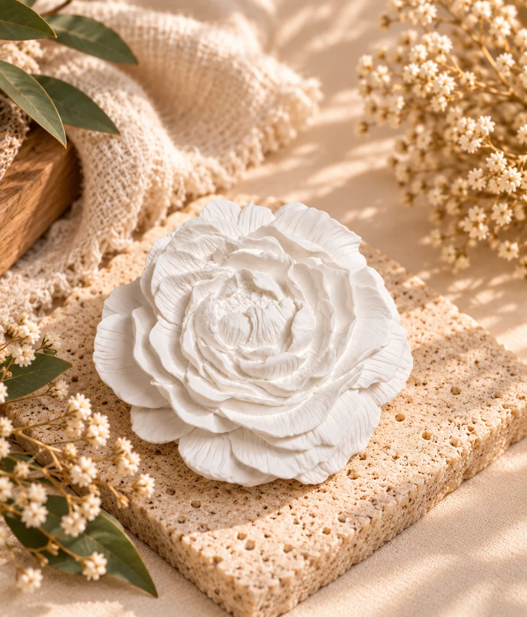 Flor decorativa branca sobre base bege texturada com flores pequenas e folhas verdes