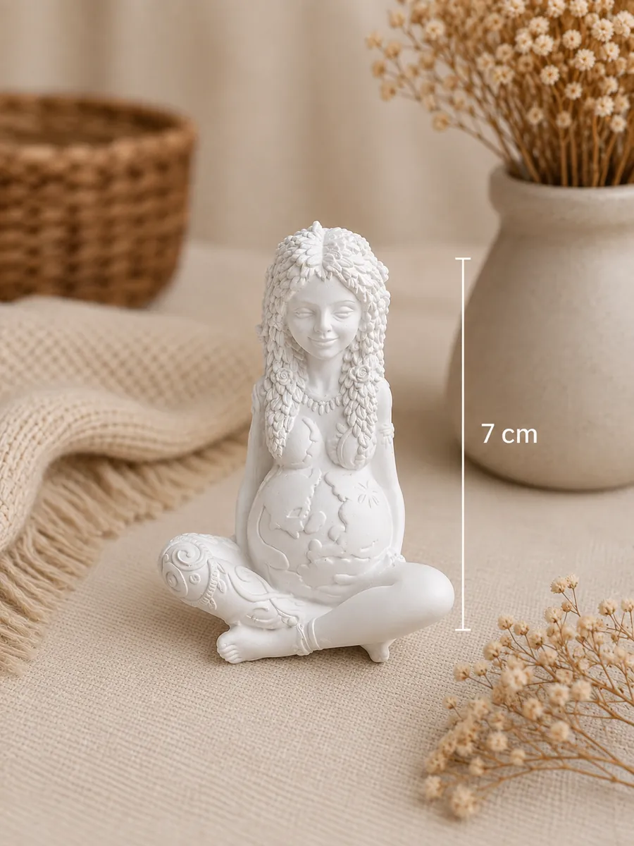 Estátua decorativa branca de mulher grávida sentada com pernas cruzadas e detalhes texturizados