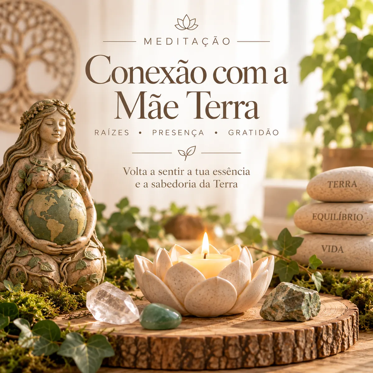 Escultura mulher com globo, vela em flor cerâmica, pedras com texto, cristais e plantas verdes sobre base madeira