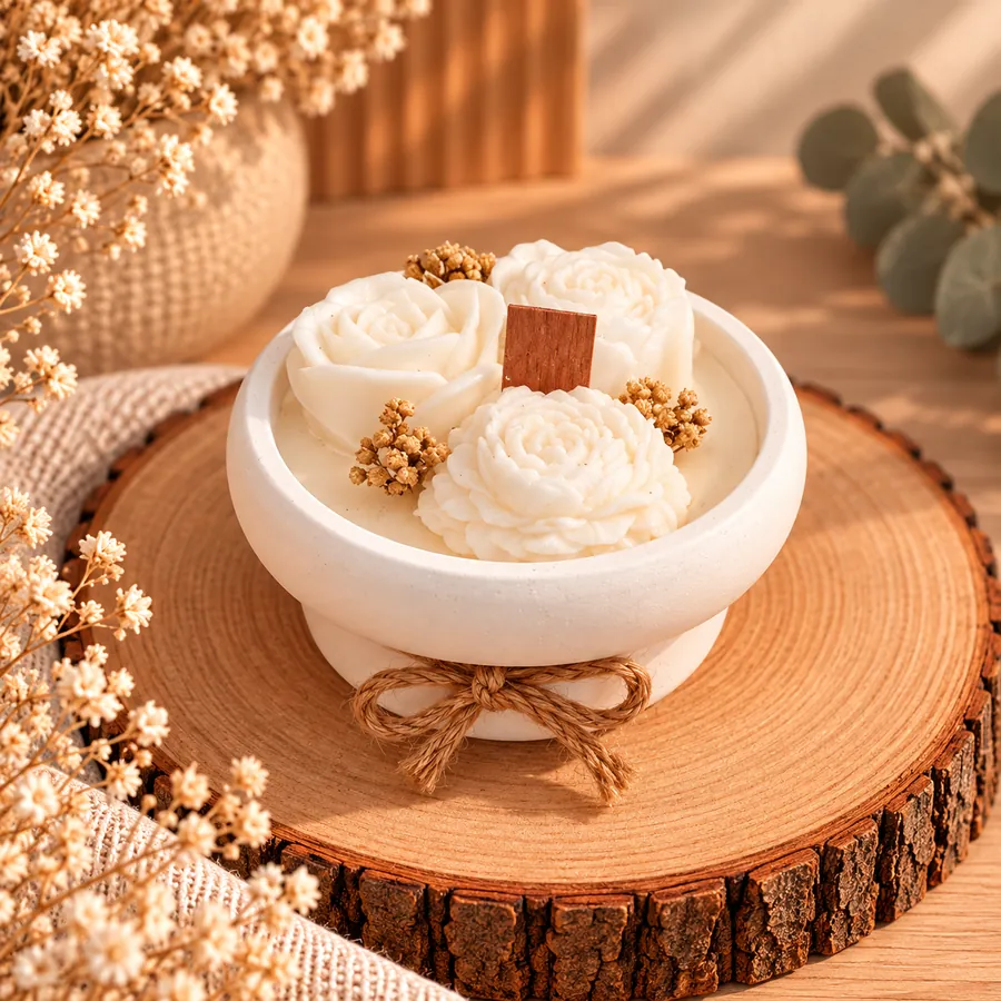 Vela decorativa branca em formato de flores num recipiente de cerâmica creme com cordão rústico