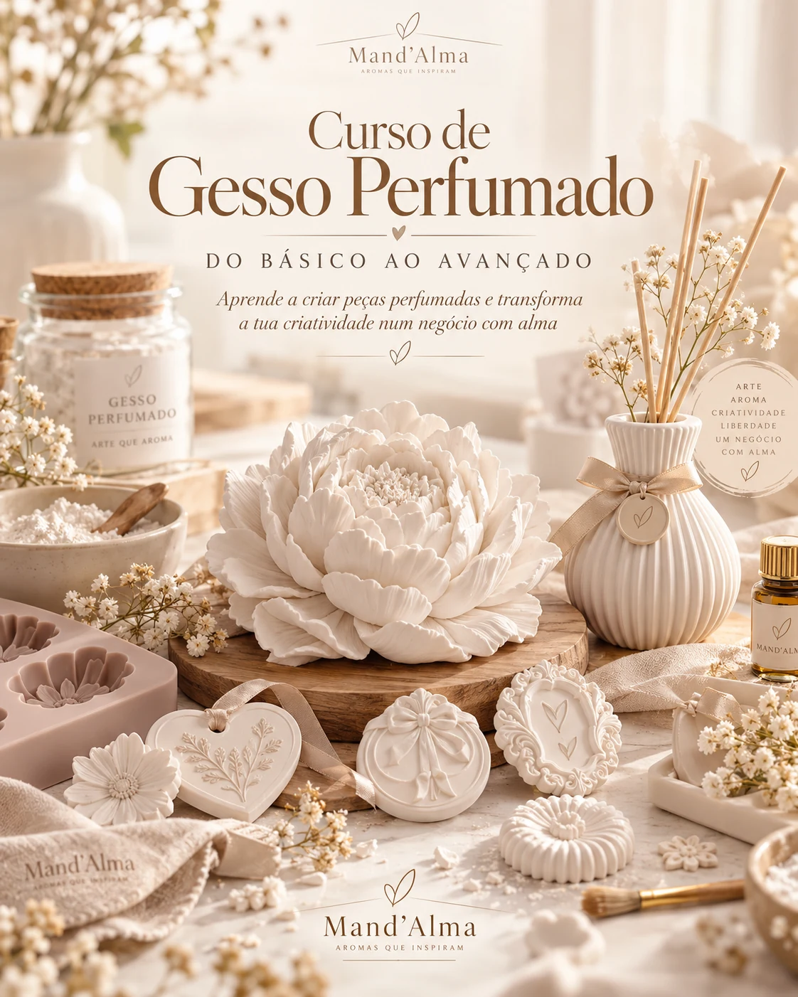 Peças de gesso perfumado em bege com moldes e frascos decorados com flores secas