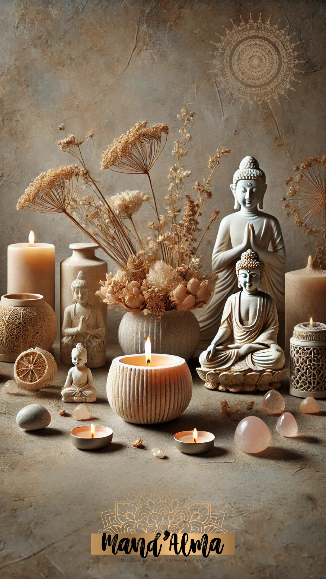Conjunto decorativo de estátuas de Buda, velas, flores secas e pedras sobre fundo bege com mandala