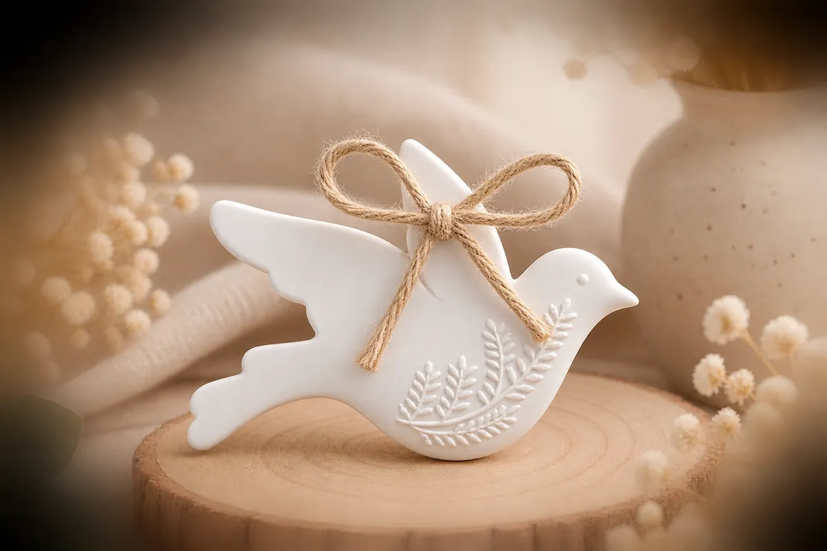 Figura decorativa de pássaro branco em cerâmica com laço de corda