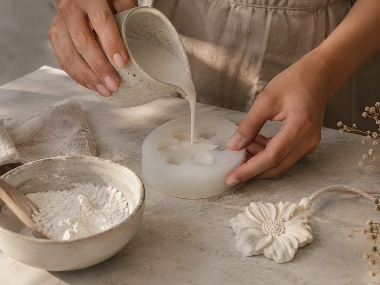 Mãos a verter mistura em molde de silicone em forma de flor com acessórios de cerâmica e pano