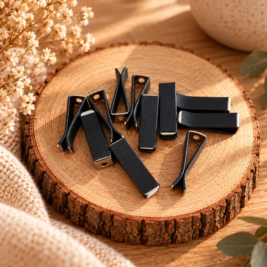 Presilhas de cabelo pretas sobre base de madeira com decoração natural