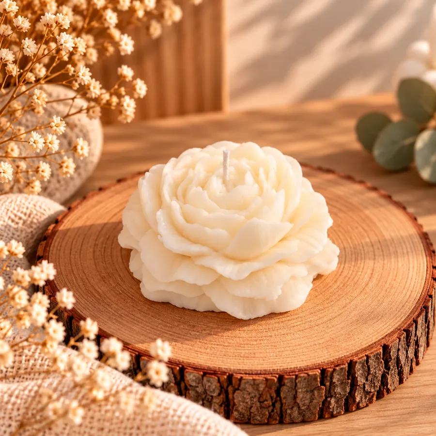 Vela branca em forma de flor sobre base de madeira com detalhes de flores secas ao redor