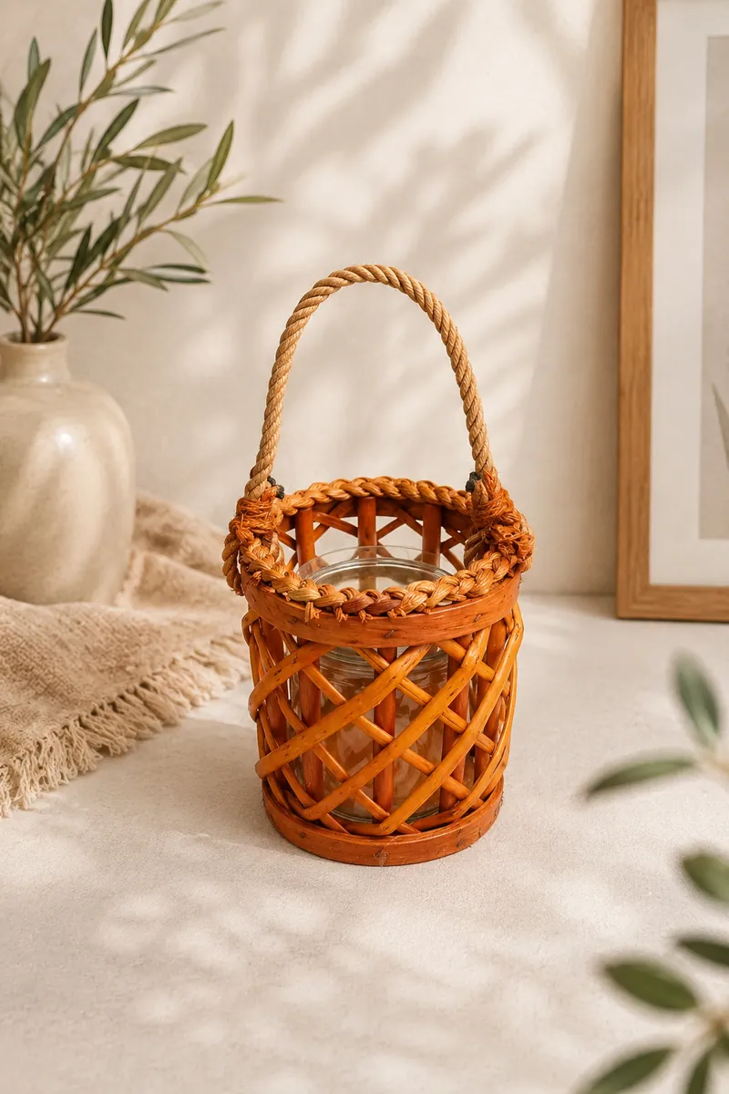 Lanterna decorativa de vime com interior em vidro